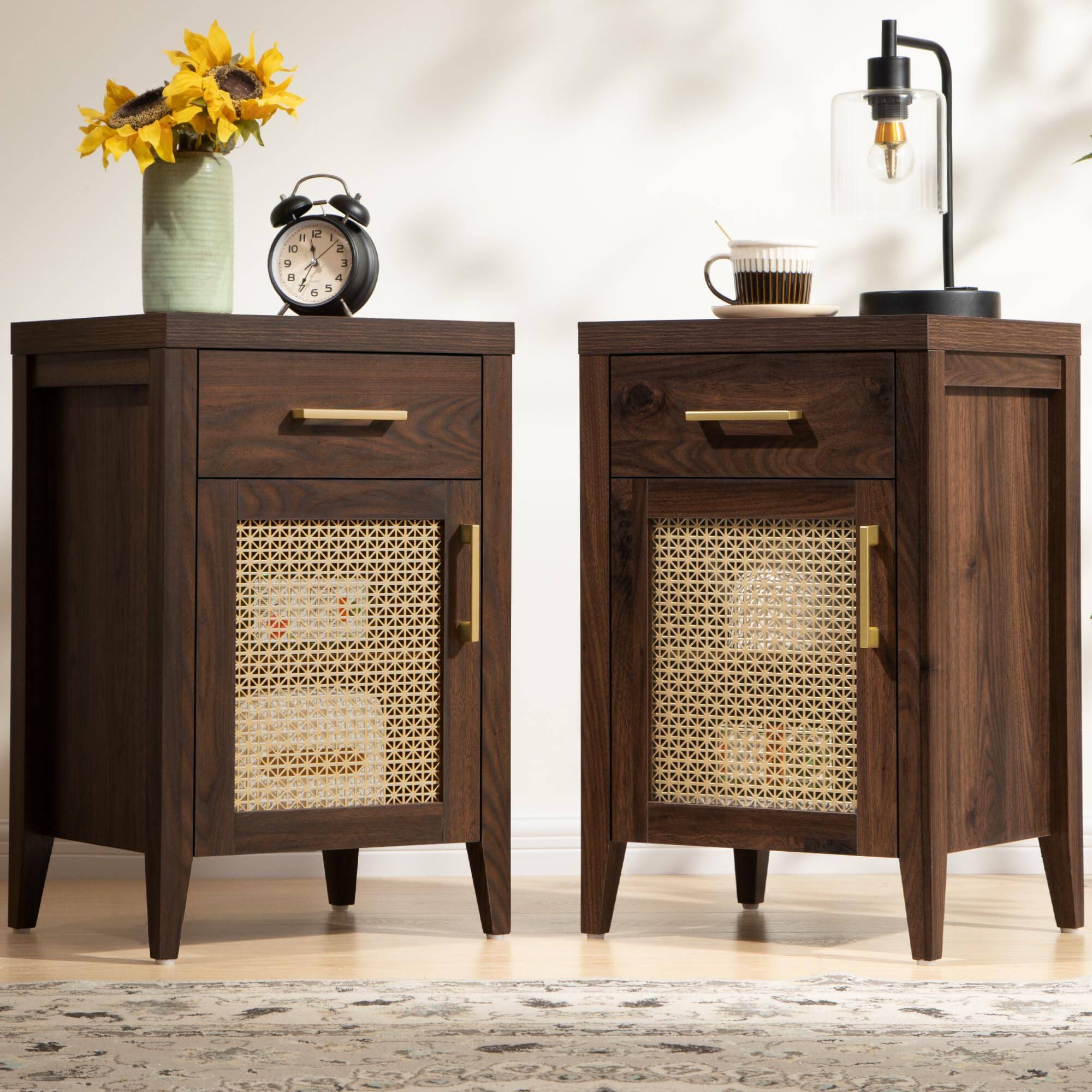 OMOMMD- Mid-Century Tall Nightstand Set of 2, Wood with Drawer & Mesh Door- Espresso Walnut 2 Pieces