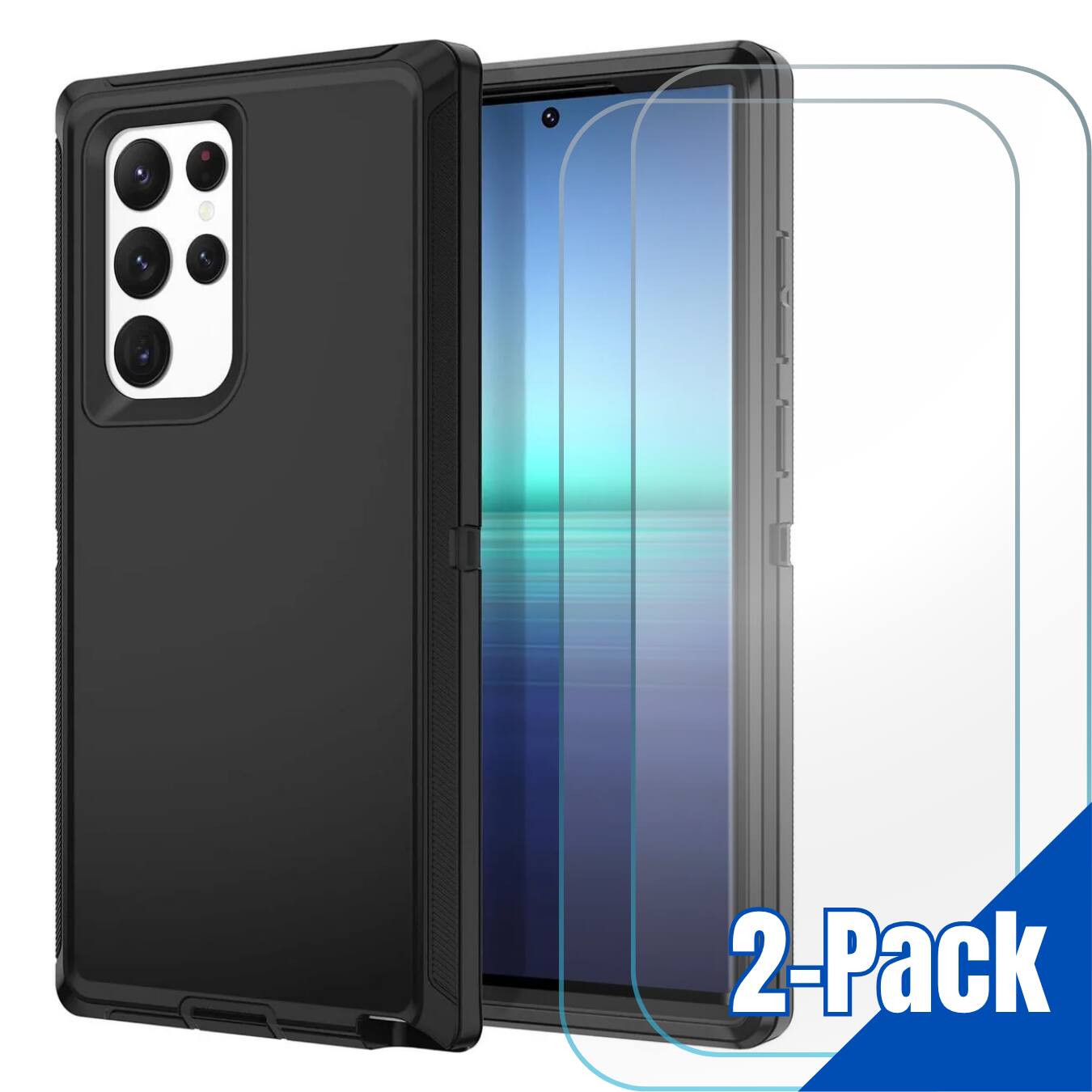 Entronix - Galaxy S22 Ultra Bundle - Heavy Duty Case with 2 Clear Screen Protectors - Black