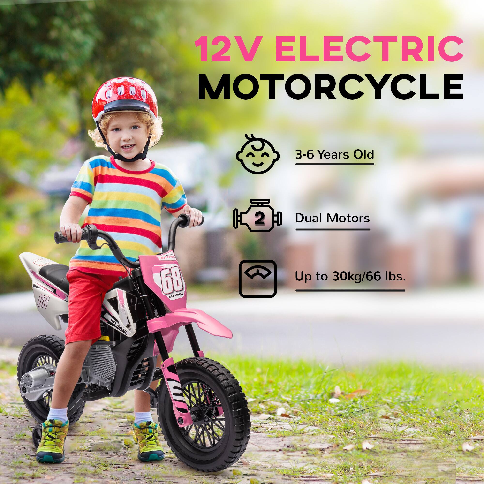 12V ELECTRIC MOTORCYCLE

- 3-6 Years Old
- Dual Motors
- Up to 30kg/66 lbs.