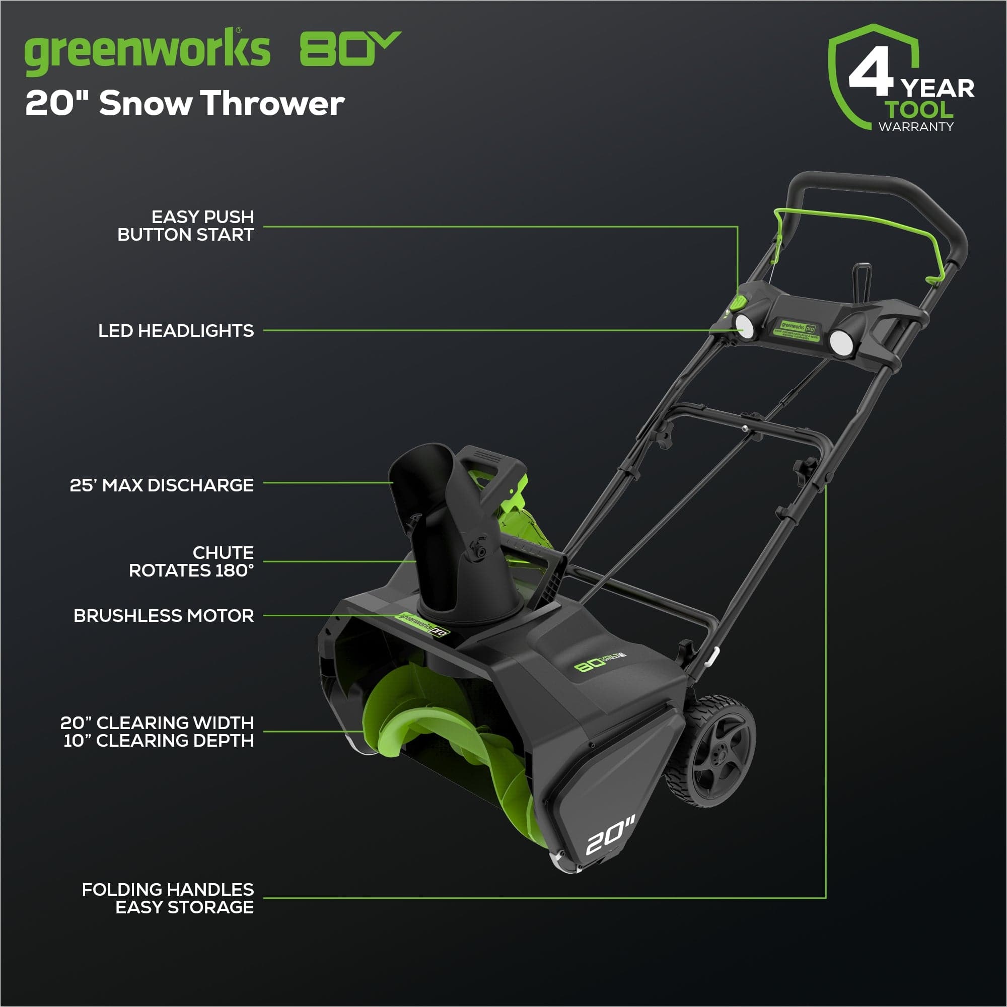 Greenworks BOY 20" Snow Thrower 4 YEAR TOOL WARRANTY EASY PUSH BUTTON START LED HEADLIGHTS 25 MAX DISCHARGE CHUTE ROTATES 180* BRUSHLESS MOTOR - 8Oa4 20" CLEARING WIDTH 10" CLEARING DEPTH FOLDING HANDLES EASY STORAGE 20".