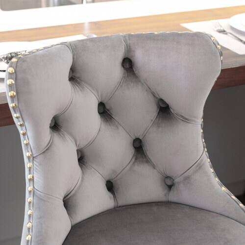 Alt View 3. LUCKY ONE - Assembled Adjustable Height Swivel Bar Stool Set of 2 Velvet Tufted with Golden Metal Base - Gray.