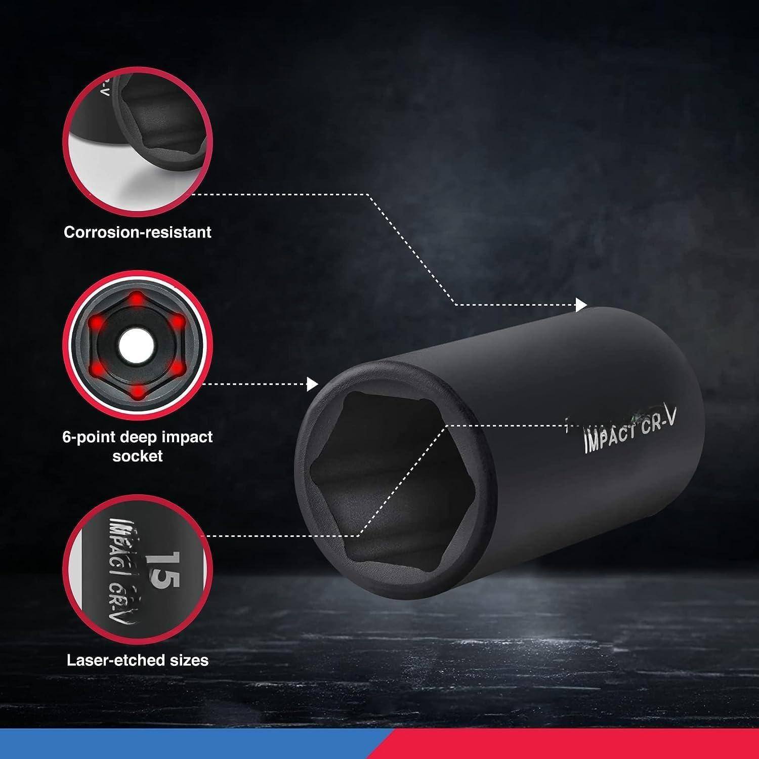 Corrosion-resistant  
6-point deep impact socket  
Laser-etched sizes  
IMPACT CR-V