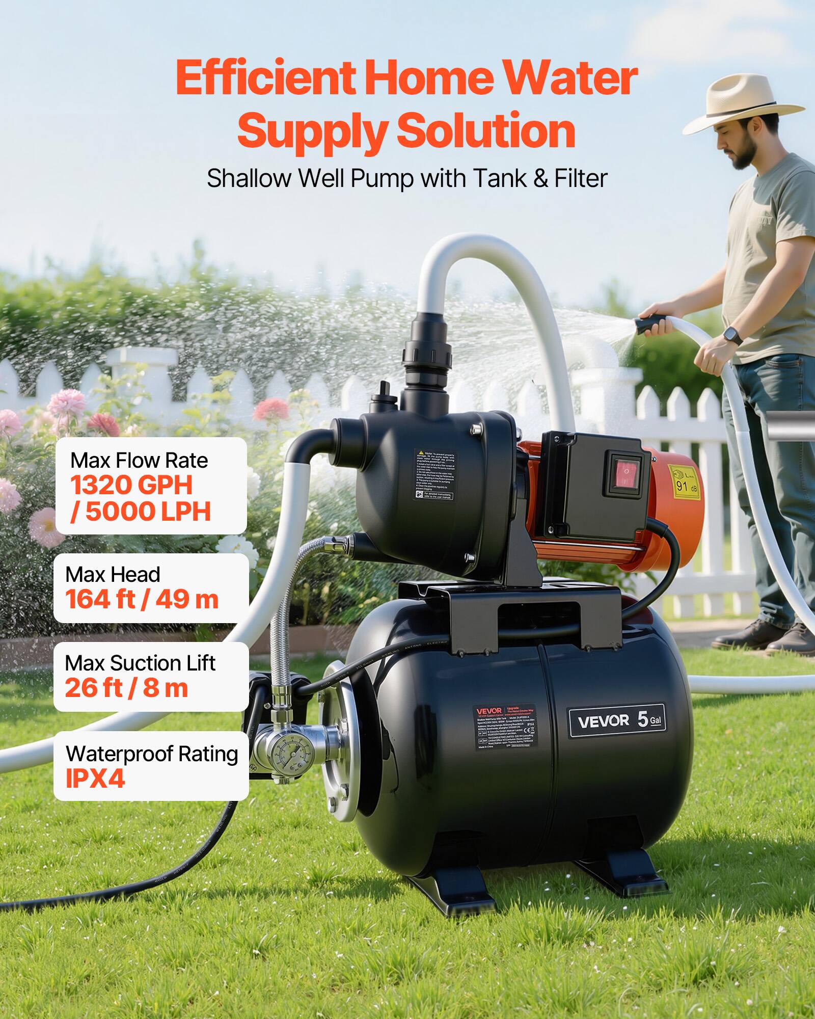 Efficient Home Water Supply Solution  
Shallow Well Pump with Tank & Filter  

Max Flow Rate 1320 GPH / 5000 LPH  
Max Head 164 ft / 49 m  
Max Suction Lift 26 ft / 8 m  
Waterproof Rating IPX4  

VEVOR  
VEVOR 5GA