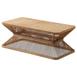 Ecooso - Coffee Table, Mid-Century Modern Rectangular Wood Accent Table with Woven Bamboo Base for Living Room - Antique Natural