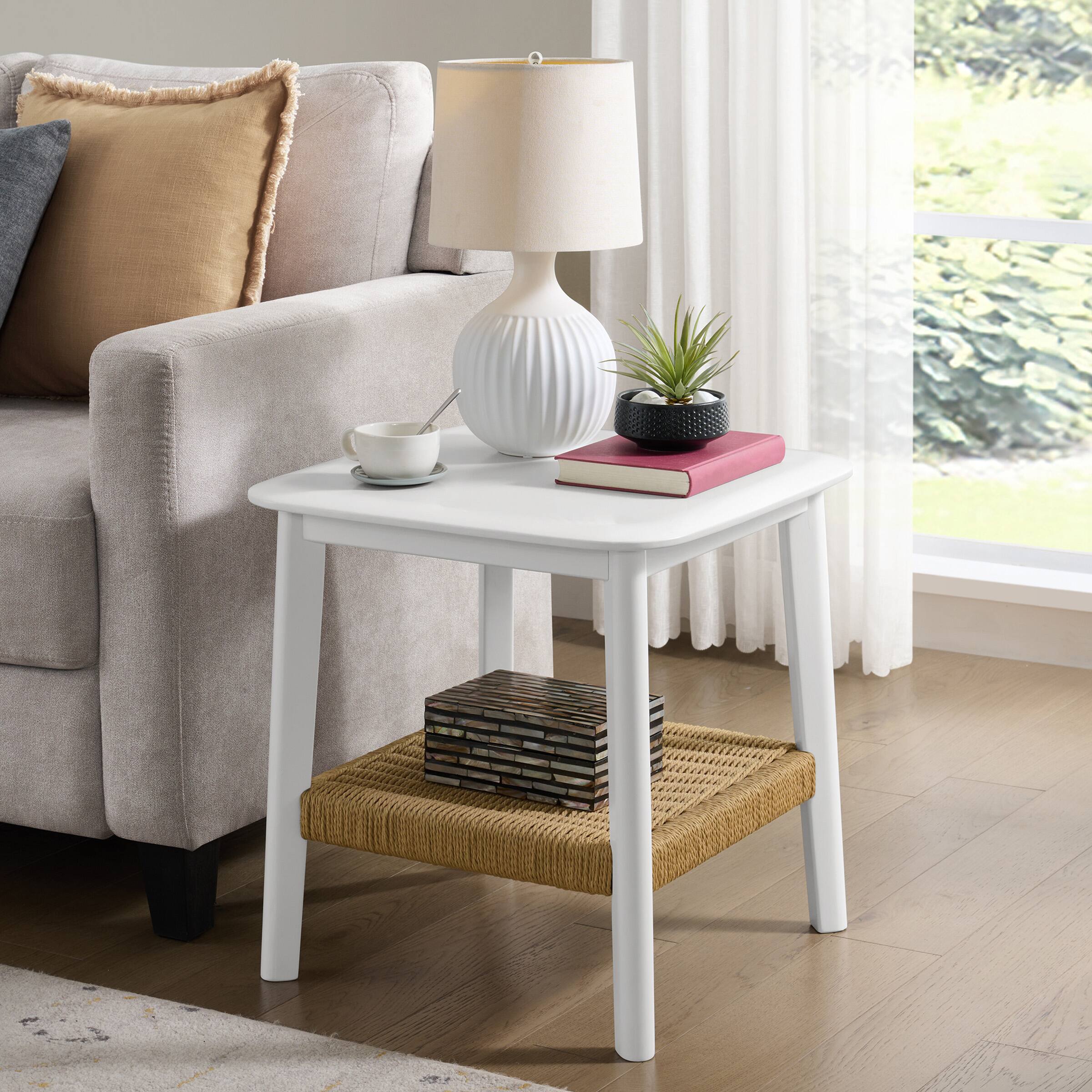 Alt View 2. Alaterre Furniture - 2-Tier Side Table with Woven Storage Shelf for Living Room or Bedroom - White.