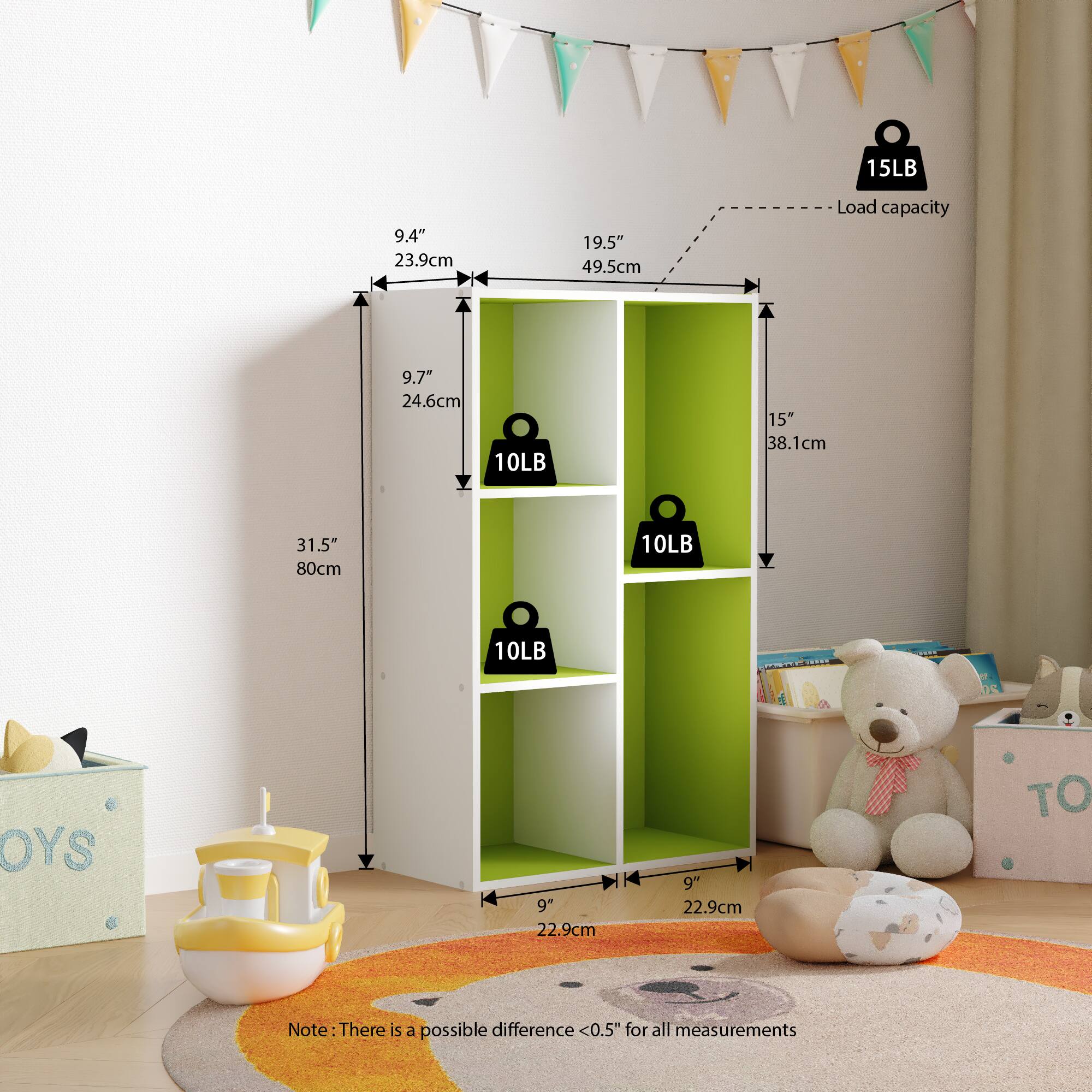 - 15LB
- 9.4" 23.9cm
- 19.5" 49.5cm
- Load capacity
- 9.7" 24.6cm
- 10LB
- 15" 38.1cm
- 31.5" 80cm
- 10LB
- 10LB
- 9" 22.9cm
- 9" 22.9cm
- Note: There is a possible difference <0.5" for all measurements
