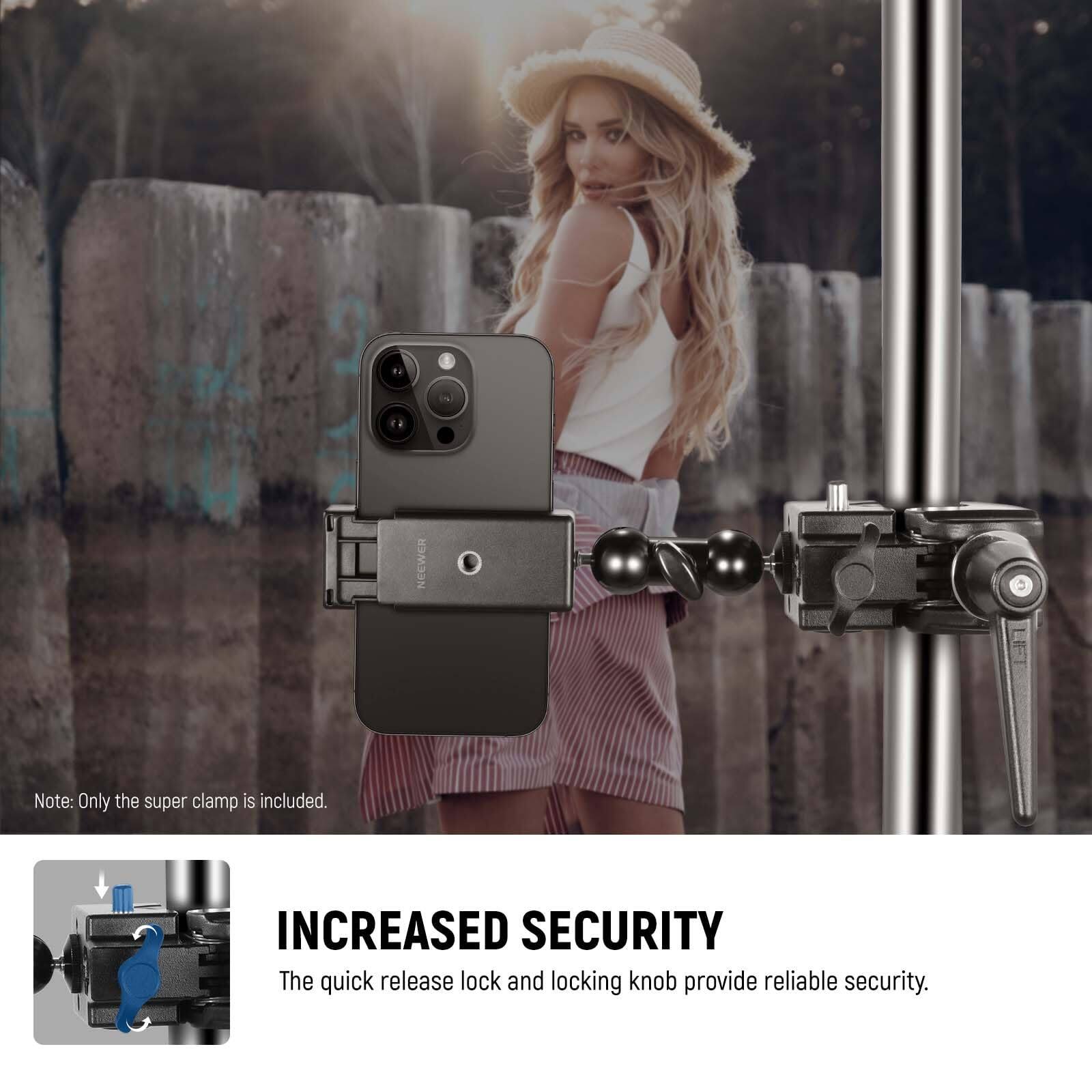 Note: Only the super clamp is included.

INCREASED SECURITY  
The quick release lock and locking knob provide reliable security.