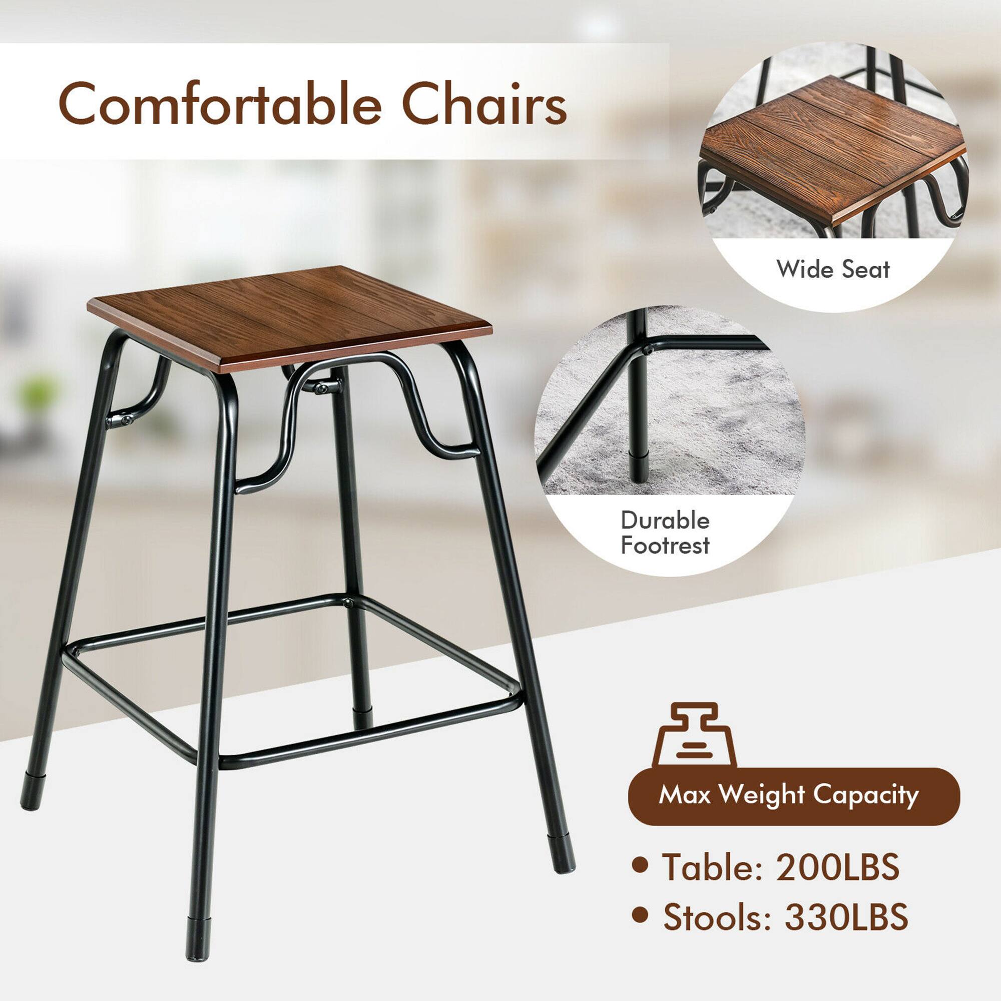 Comfortable Chairs

- Wide Seat
- Durable Footrest

Max Weight Capacity
- Table: 200LBS
- Stools: 330LBS