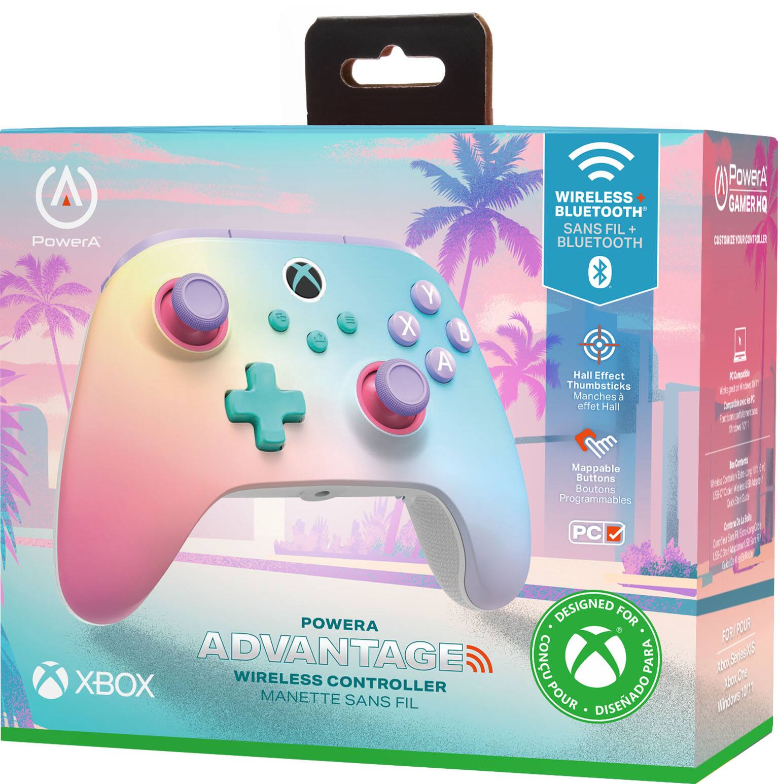 PowerA X Y X B A WIRELESS BLUETOOTH SANS FIL + BLUETOOTH  
Hall Effect Thumbsticks  
Manches à effet Hall  
PowerA GAMERHO 2 TONE OF 2  
73 Complètement éprouvée  
patente  
Sécurité  
at et Mappable Buttons  
Boutons Programmables  
PC  
DESIGNED FOR  
POWERA ADVANTAGE  
CONU PARA  
XBOX WIRELESS CONTROLLER  
MANETTE SANS FIL POUR  
DISEÑADO PARA  
Xbox Series X  
Xbox One  
Windows 10