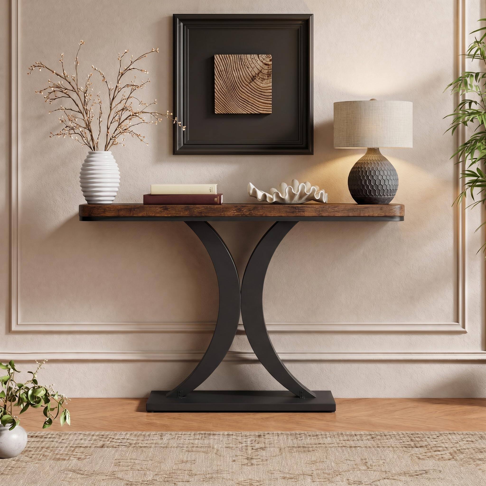 Alt View 3. Tribesigns - 40 Inch Modern Industrial Console Table with Double C-Shaped Metal Base, Rustic Entryway Foyer Narrow Table for Hallway, - Brown.