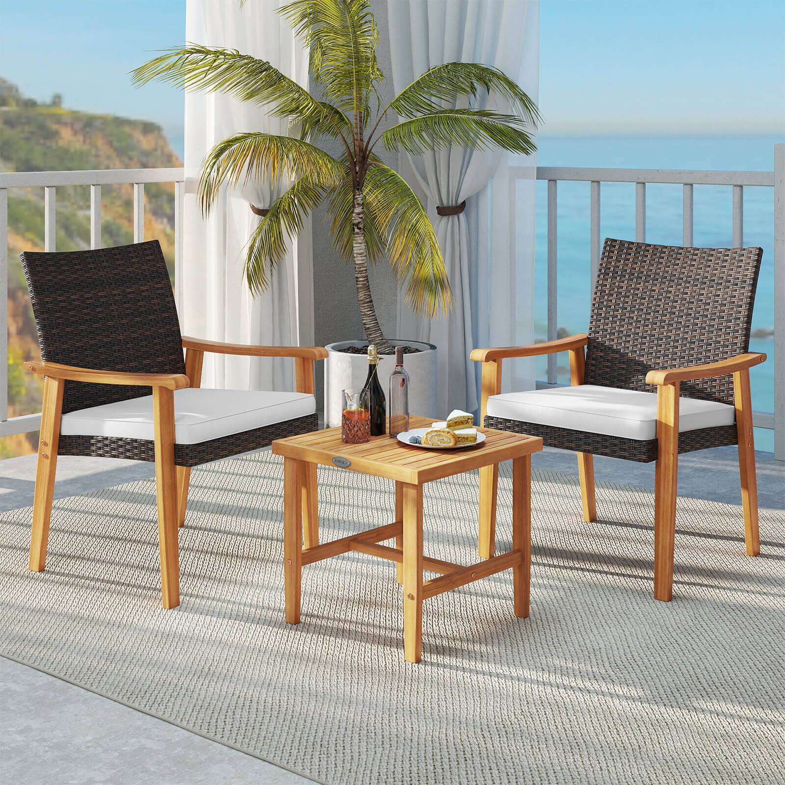 Alt View 3. Costway - Costway 3 PCS Patio PE Wicker Furniture Set with Coffee Table and Cushions for Front Porch - Off White.