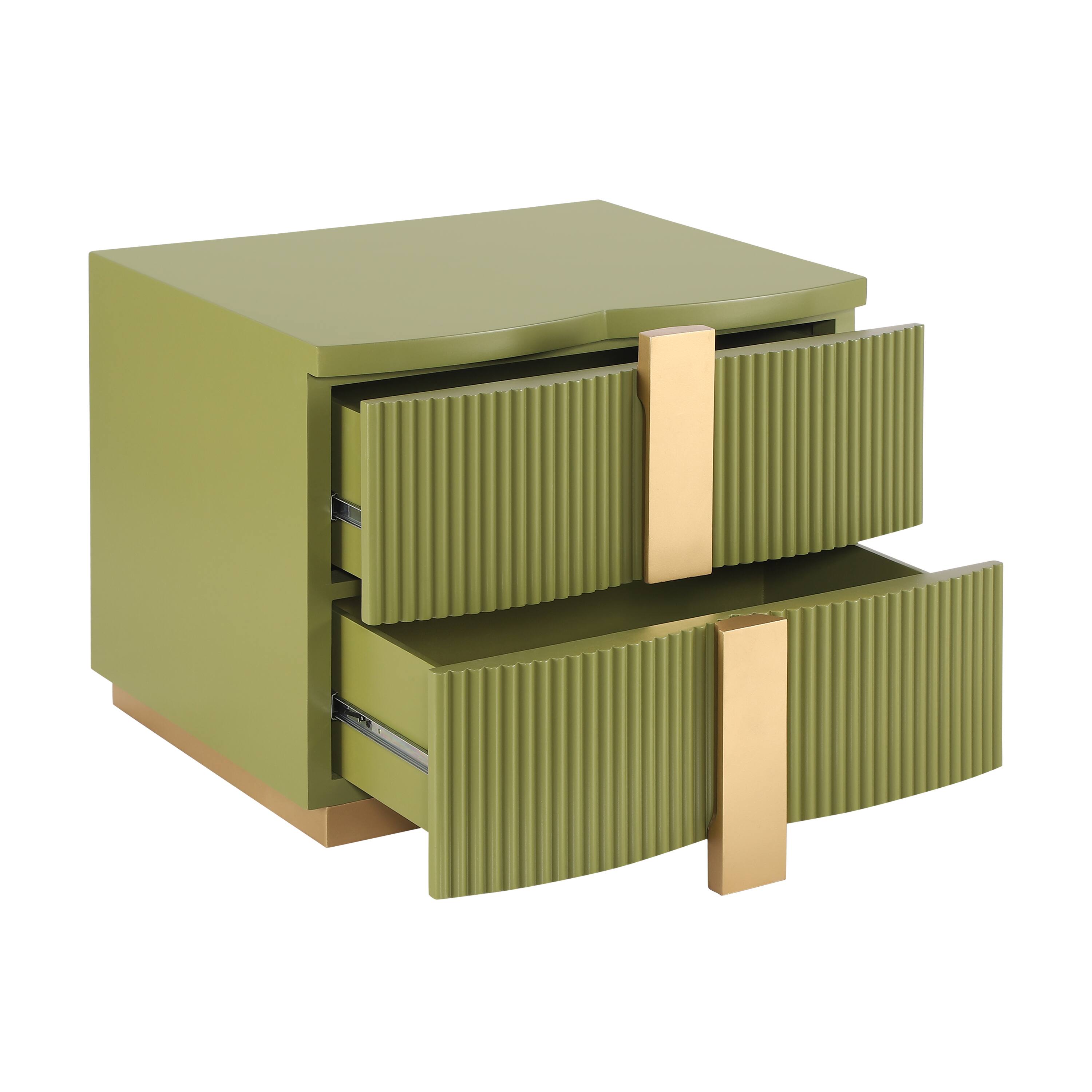 Back. Whisen - 2-Drawer Fluted Nightstand,Fully Assembled Bedside Table with Heavy-Duty Base and Gold Pulls - Olive Green.