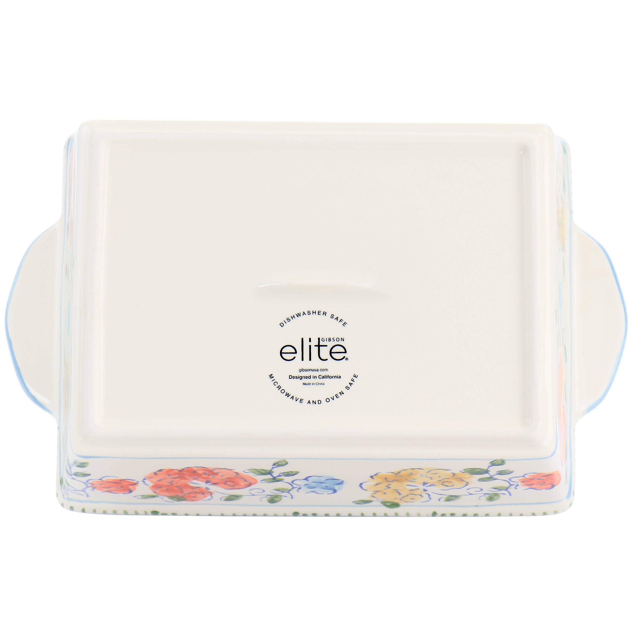 The image features a white ceramic dish with a floral design, which is labeled "Elite" and is microwave and oven safe. It is a dishwasher safe Gibson elite U-Designed ceramic dish.
