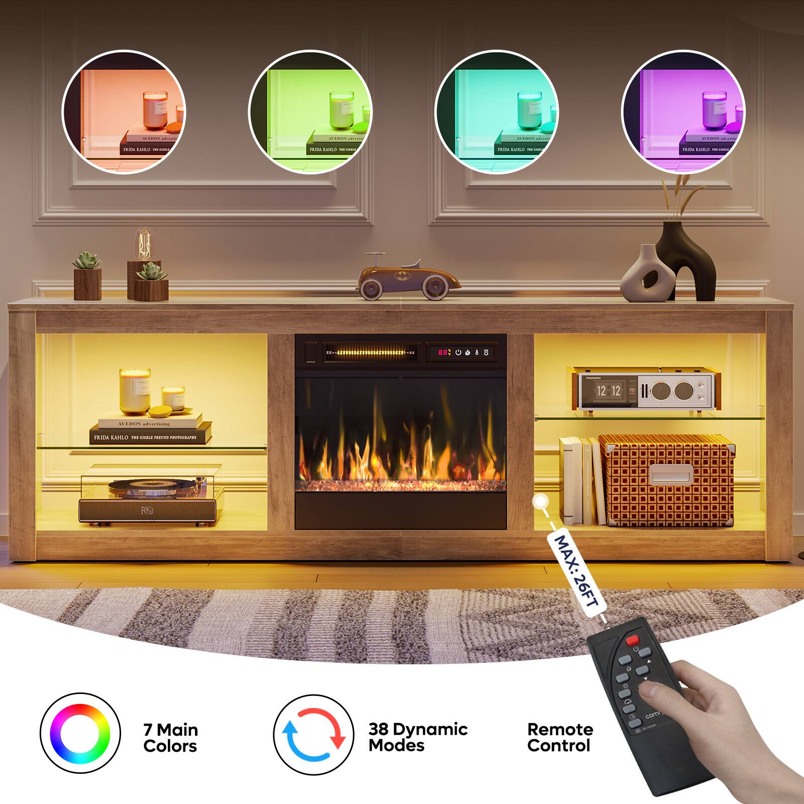 Left. Bestier - 63-inch Fireplace Gaming TV Stand with RGB Lights, Adjustable Glass Shelves & Single-Pack Design - Washed Grey.