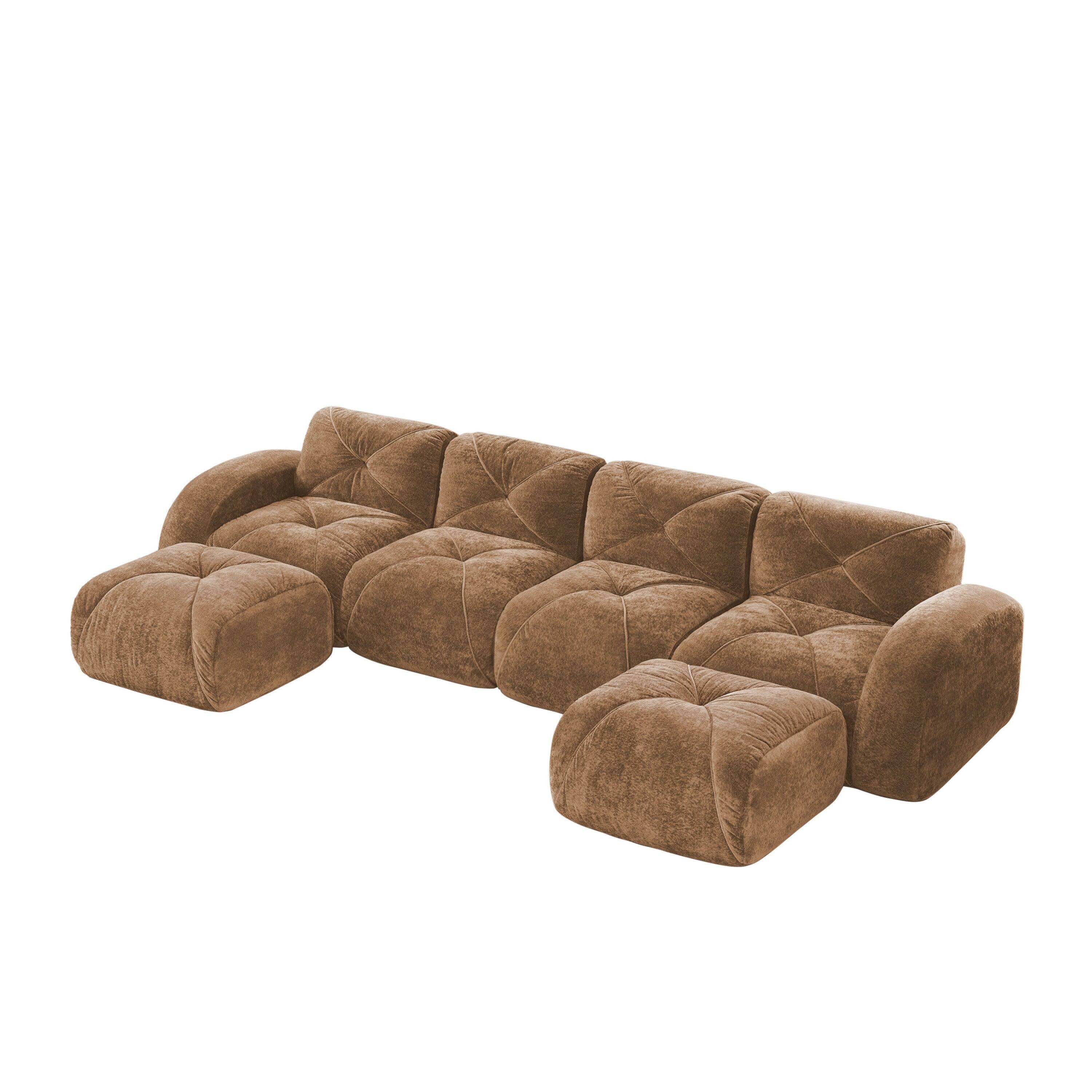 Front. Boyel Living - U Shaped Velvet Tufted Sofa Movable Ottomans 32D HD Sponge Anti Slip Free Combo No Assembly Living Theater Camel - Camel.