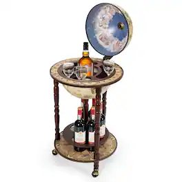 Gymax - 17'' Wood Globe Wine Bar Stand 16th Century Italian Rack Liquor Bottle Shelf Cart - Brown