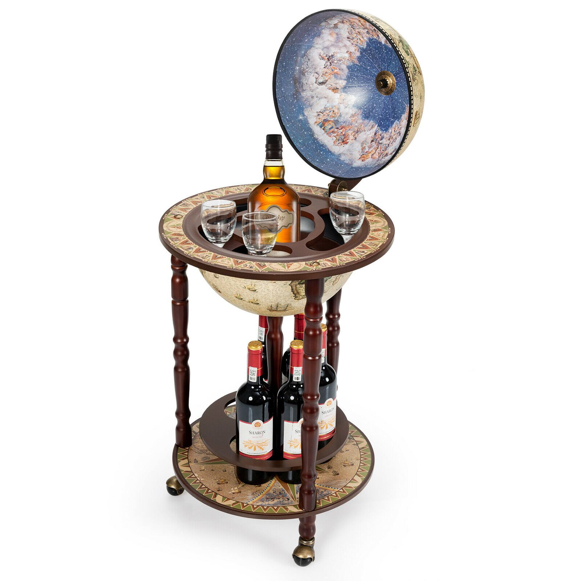 Gymax - 17'' Wood Globe Wine Bar Stand 16th Century Italian Rack Liquor Bottle Shelf Cart - Brown