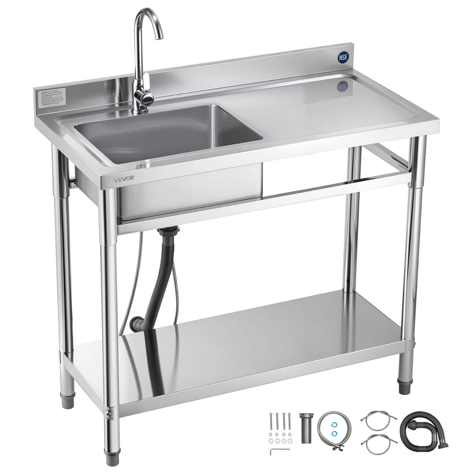 VEVOR - Stainless Steel Utility Sink, Free Standing Single Bowl Commercial Kitchen Sink with Faucet, 39.4 x 19.7 x 37 in - Stainless steel color