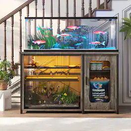 Aheaplus - Heavy Duty 55-75 Gal Aquarium Stand: 880LBS Capacity, Power Outlets, LED Light, Reversible Metal Frame & Storage Cabinet - Gray Oak