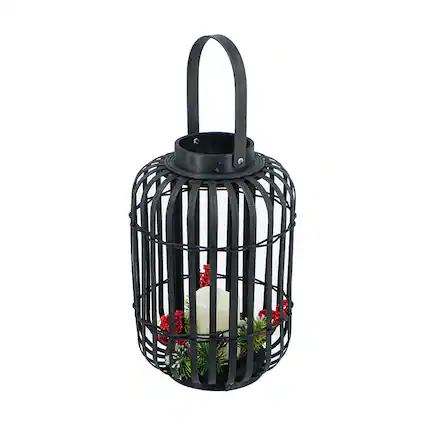 Front. Boyel Living - Black Bamboo Lantern with White LED Candle.