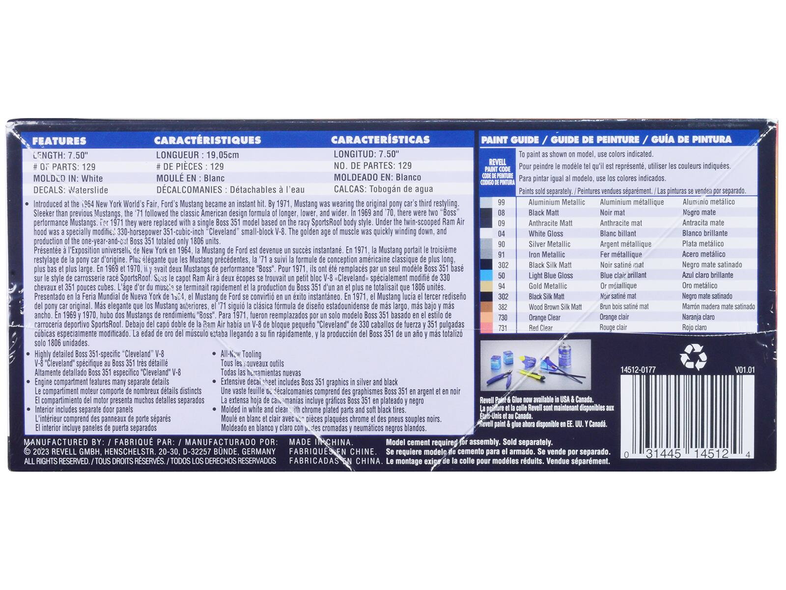 **FEATURES**  
- LENGTH: 7.50"  
- PARTS: 129  
- MOLD: White  
- DECALS: Waterslide  

**CARACTERÍSTICAS**  
- LONGUEUR: 19.05cm  
- # DE PIECES: 129  
- MOULÉ EN: Blanco  
- DECALCOMANIES: Detachables l'eau  

**CARACTERÍSTICAS**  
- LONGITUD: 7.50"  
- NO. DE PARTES: 129  
- MOLDEADO EN: Blanco  
- CALCAS: Tobogán de agua  

**PAINT GUIDE / GUIDE DE PEINTURE / GUÍA DE PINTURA**  
- Aluminum Metallic  
- Anthracite Matt  
- Black Gloss  
- Silver Metallic  
- Black Silk Matt  
- Iron Blue Gloss  
- Gold Metallic  
- Orange Clear  
- Red Clear  

**INTRODUCED AT THE 1964 NEW YORK WORLD'S FAIR, FORD'S MUSTANG BECAME AN INSTANT HIT. THE 71 FOLLOWED THE CLASSIC AMERICAN DESIGN FORMULA LONGER, LOWER, AND