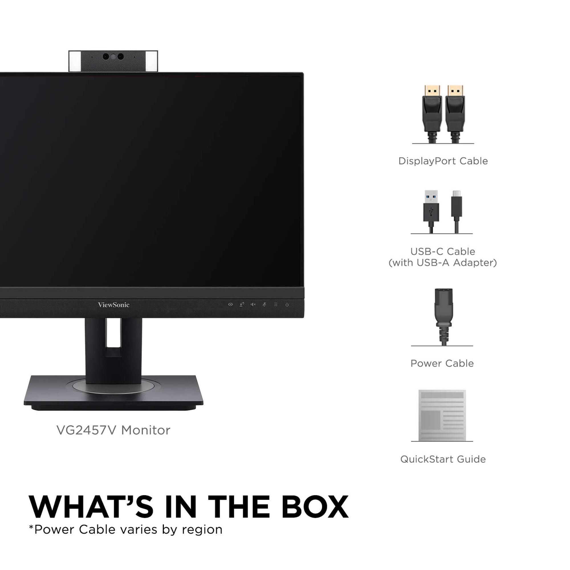The text on the image can be grouped and corrected as follows:

* DisplayPort Cable USB-C Cable (with USB-A Adapter)
* ViewSonic Power Cable VG2457V Monitor
* QuickStart Guide
* What's in the box:
	+ Power Cable varies by region