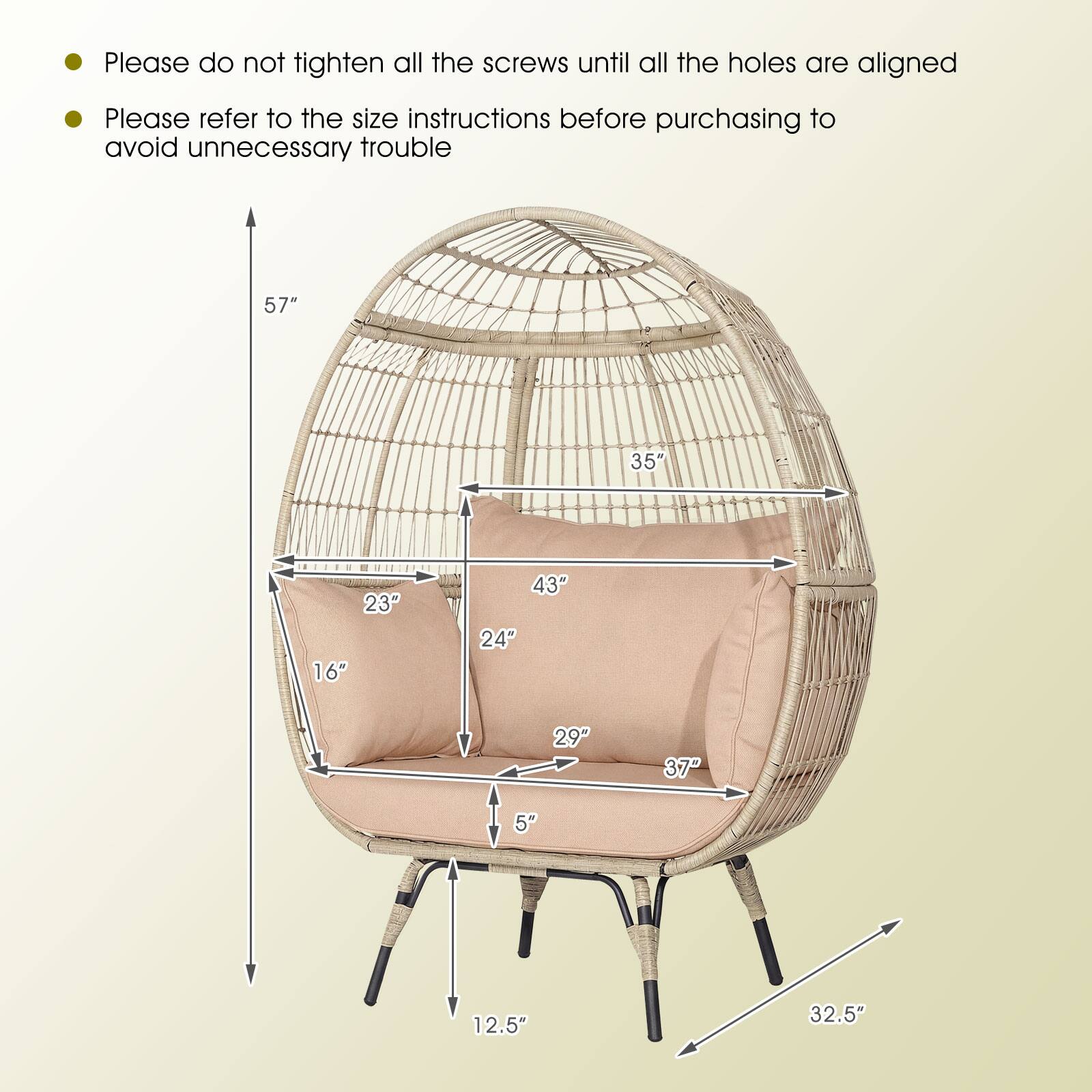 Please do not tighten all the screws until all the holes are aligned. Please refer to the size instructions before purchasing to avoid unnecessary trouble.

57"  
35"  
23"  
16"  
43"  
24"  
29"  
37"  
5"  
12.5"  
32.5"