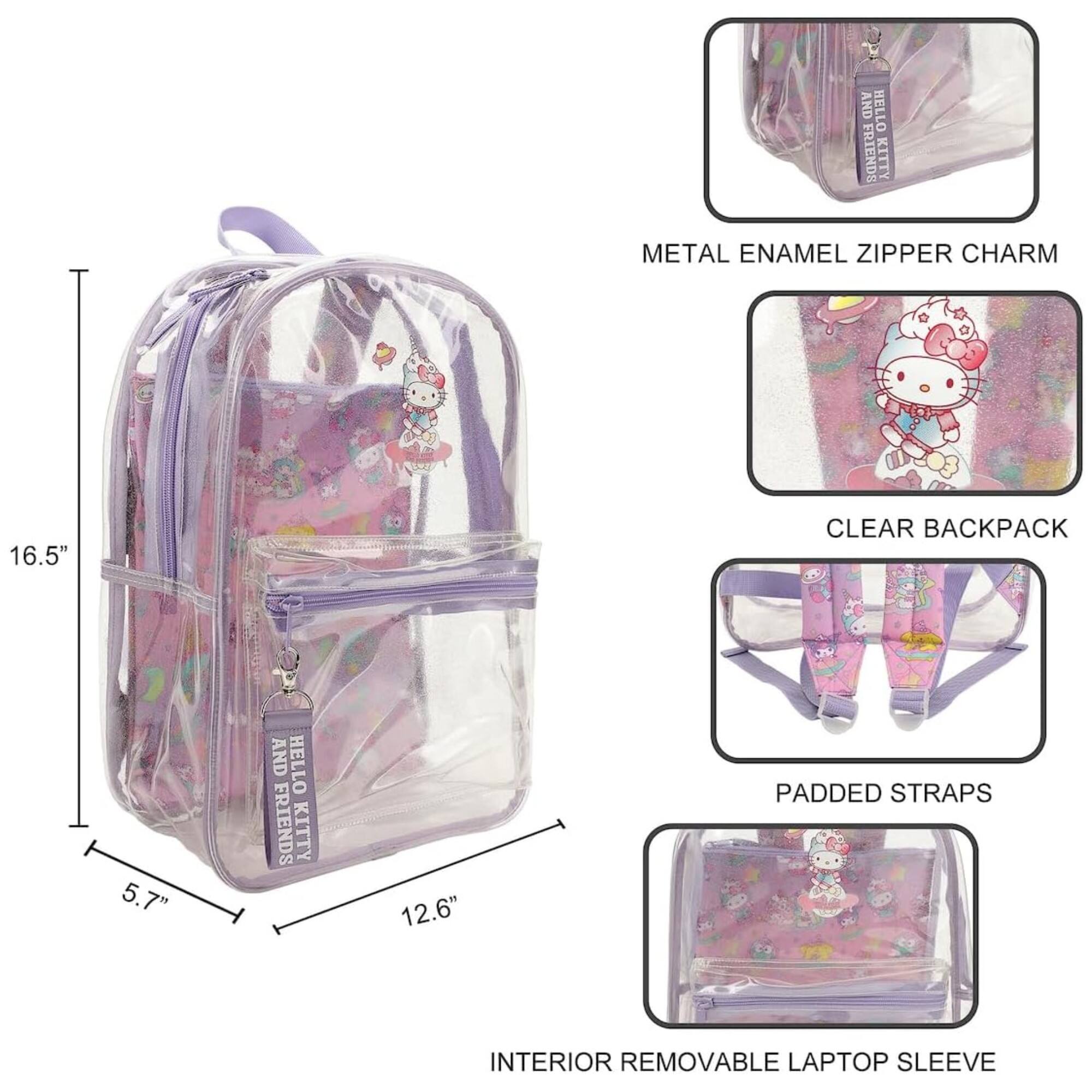 AND HELLO FRIENDS KITTY METAL ENAMEL ZIPPER CHARM 16.5" CLEAR BACKPACK 5.7" AND HELLO FRIENDS KITTY 12.6" PADDED STRAPS INTERIOR REMOVABLE LAPTOP SLEEVE