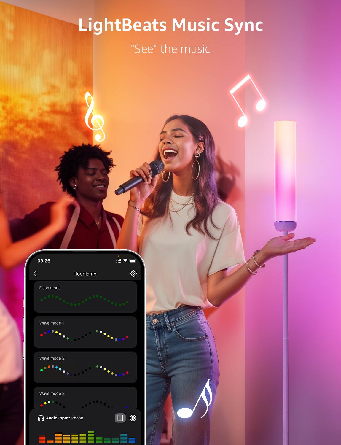 LightBeats Music Sync "See" the music 09:26 floor lamp Flash mode Wave mode 1 Wave mode 2 Wave mode 3 Audio Input: Phone