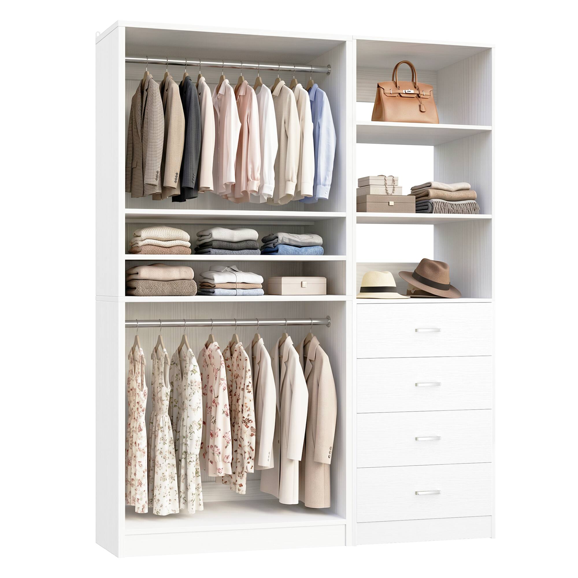 Angle. Aheaplus - 57.3'' W 2-Piece Closet Organizer System with Drawers and Hanging Rods - White.
