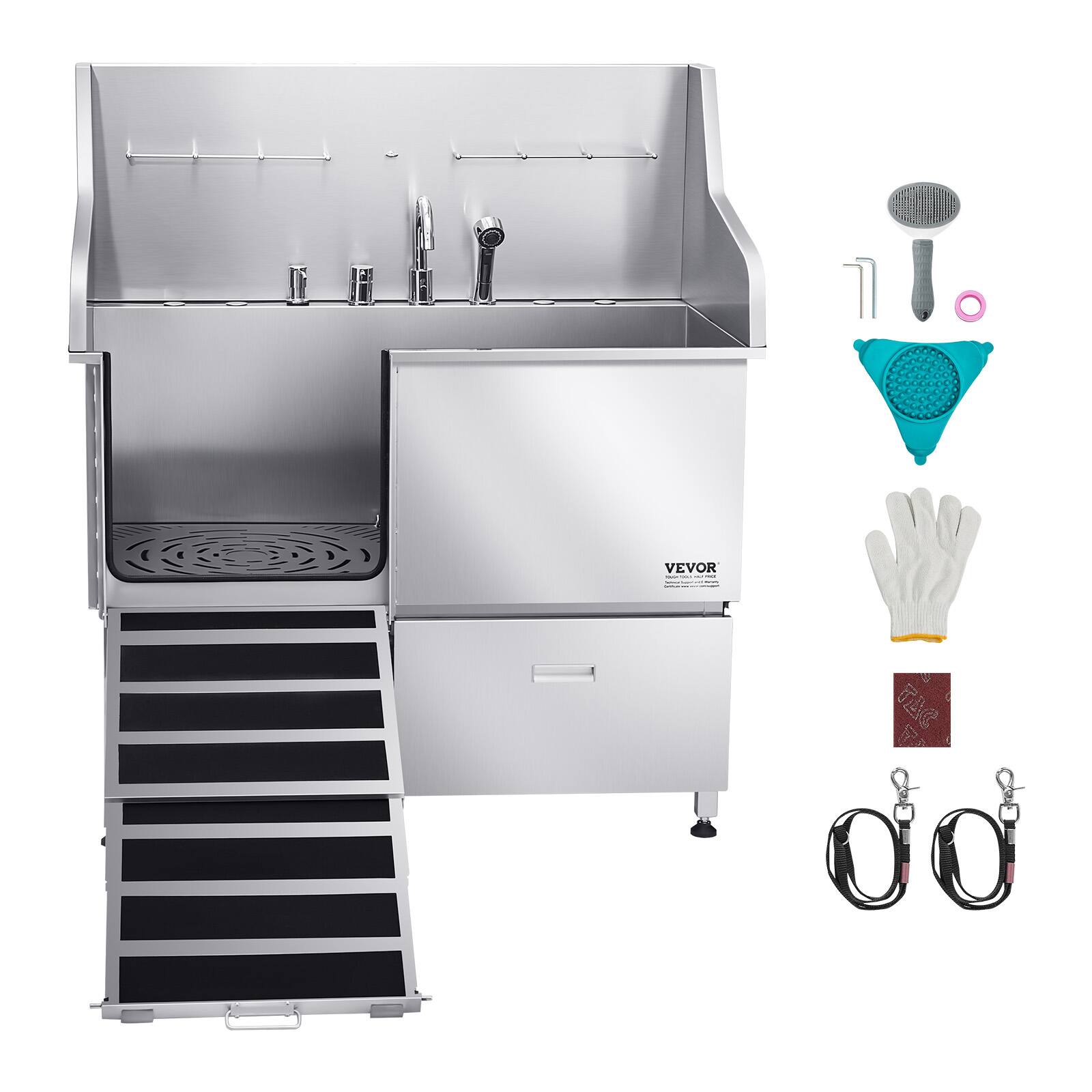 Alt View 5. VEVOR - Stainless Steel Dog Washing Station, 50 inch Pet Grooming Tub w/ Ramp, Faucet & Showerhead.