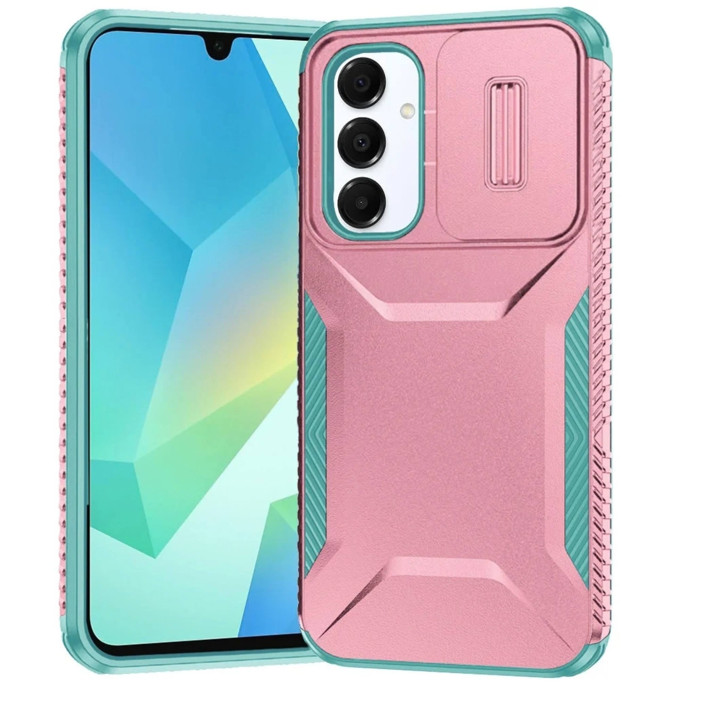 Front. Kitcheniva - Rugged Side Grip Dual Layer Sliding Rear Lens Phone Case With Tempered Glass For Samsung A16 5G Pink Teal - Pink.