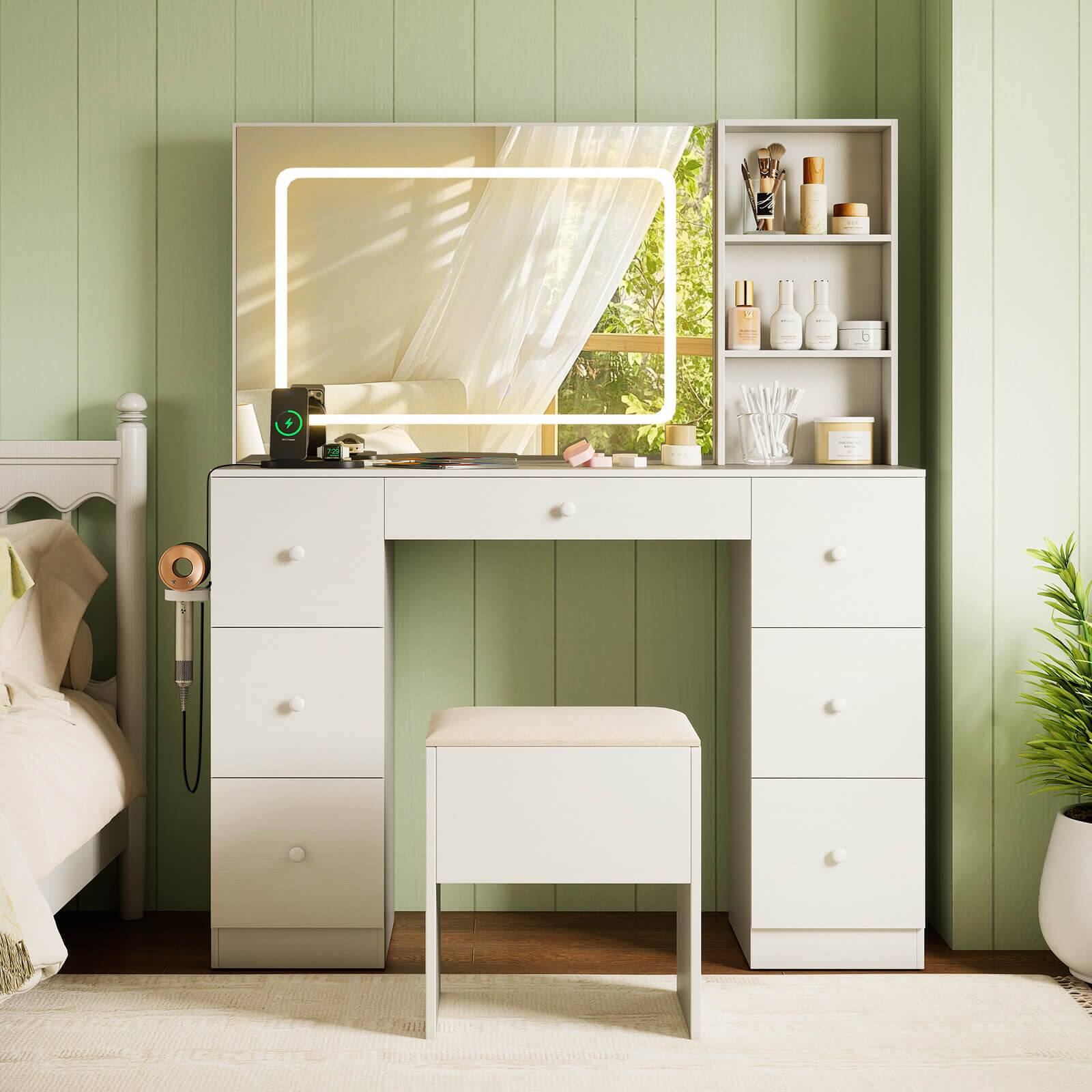 Alt View 1. Costway - Costway Vanity Desk with Mirror & Lights Makeup Table with Power Outlets & 7 Drawers - White.