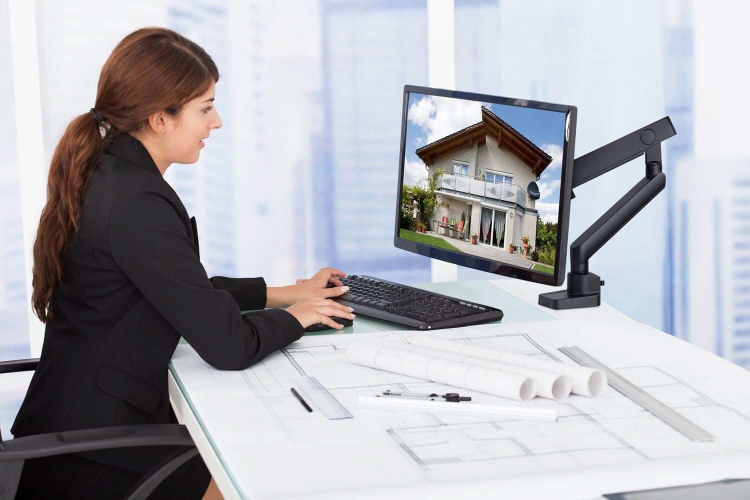 Alt View 1. Mount-It! - Single Monitor Desk Mount Full Motion Arm — Fits 17"–32" Monitors, Height Adjustable - Black.