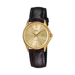 Casio - Women’s Gold Dial Leather Strap Watch - LTP-1183Q-9A - Brown