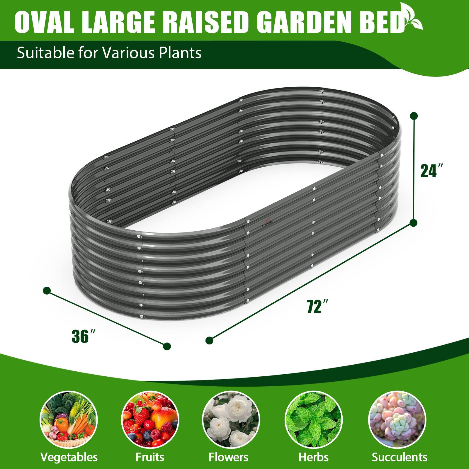 OVAL LARGE RAISED GARDEN BED  
Suitable for Various Plants  

24" 72" 36"  

Vegetables  
Fruits  
Flowers  
Herbs  
Succulents