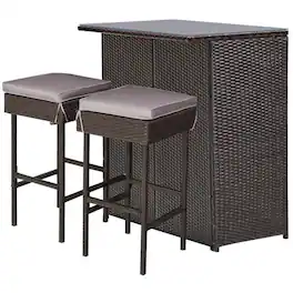 Kadyn - 3 Pcs Patio Rattan Wicker Bar Table Stools Dining Set,Bar Stools 2-Pc Set - Brown