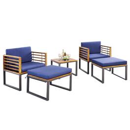 Costway - 5pcs Patio Acacia Wood Cushioned Chair Ottoman Table Furniture Set Outdoor - Black,Natural,Navy Blue
