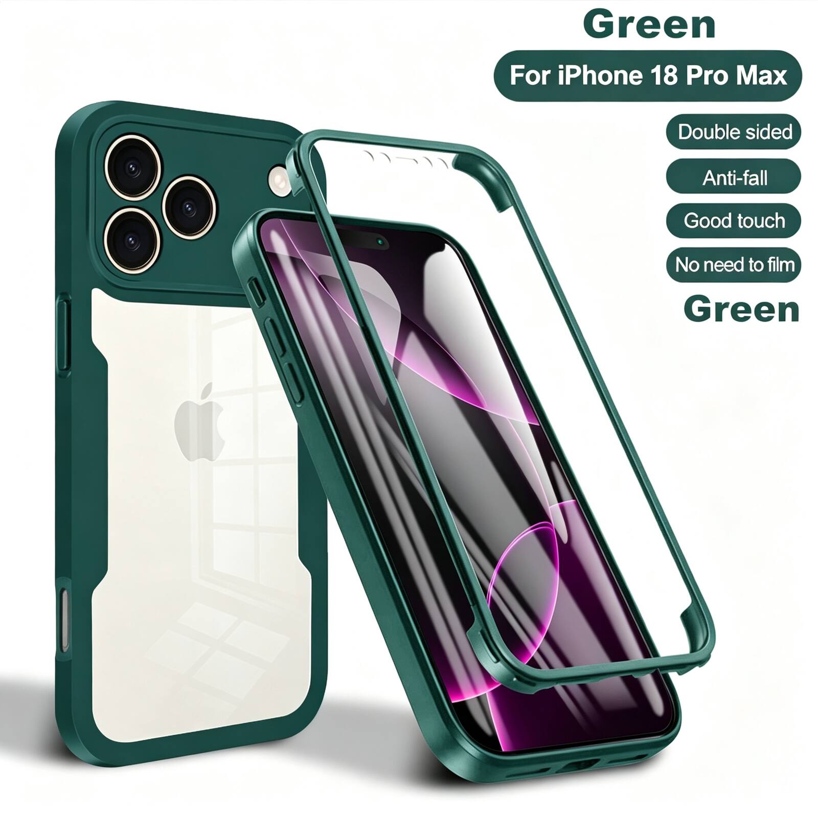 Dteck - for Apple iPhone 18 Pro Max Rugged Case,Slim Full-Body Clear Back Cover,Shockproof PC+TPU Case,Built-in Screen Protector - Darkgreen