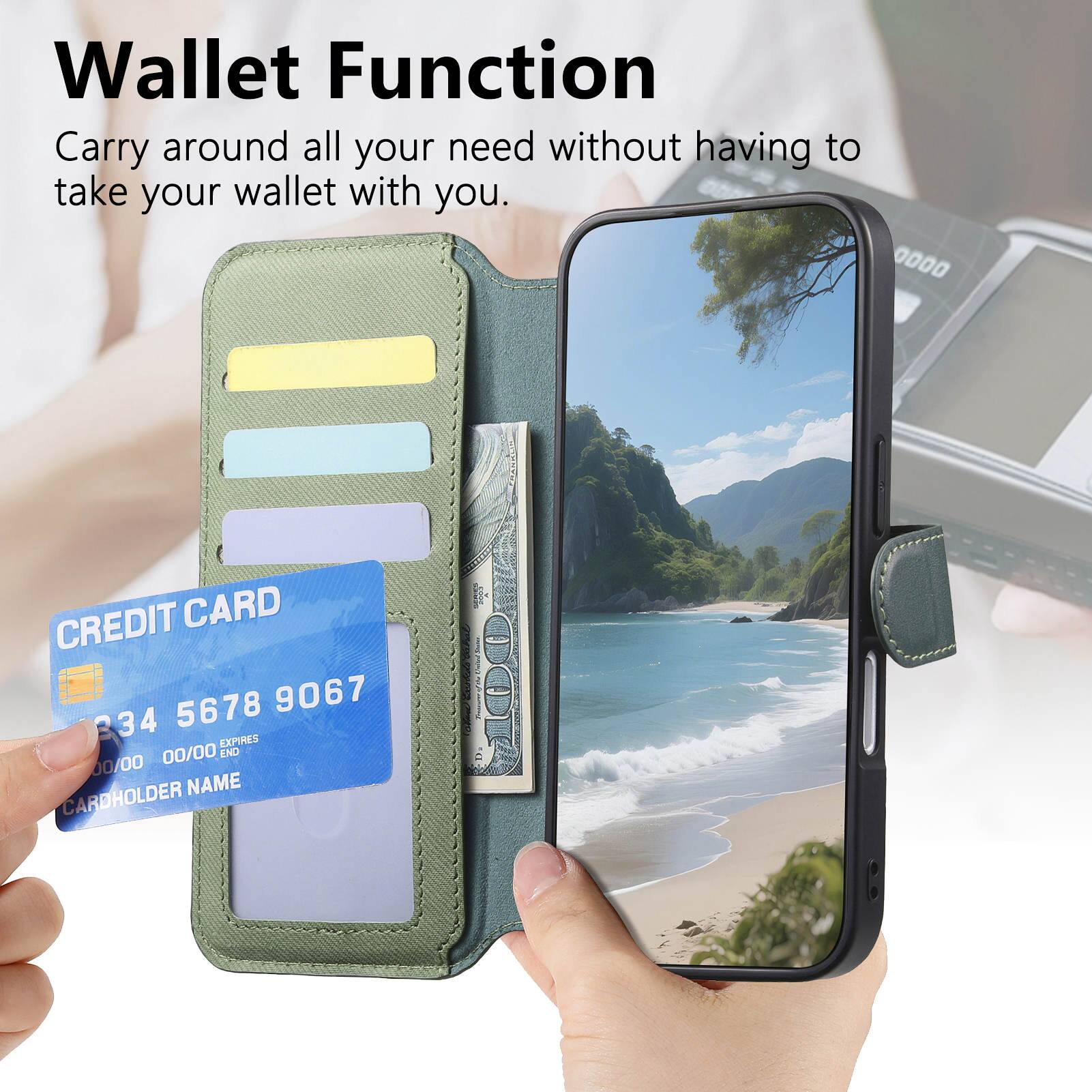 Wallet Function  
Carry around all your need without having to take your wallet with you.  

CREDIT CARD  
1234 5678 9067 234  
EXPIRES 00/00  
END 00/00  
CARDHOLDER NAME