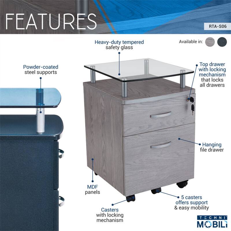 FEATURES  
Heavy-duty tempered safety glass  
Powder-coated steel supports  
Top drawer with locking mechanism that locks all drawers  
Hanging file drawer  
MDF panels  
Casters with locking mechanism  
5 casters offer support & easy mobility  

Available in:  
RTA-S06  

TECHNI MOBILI