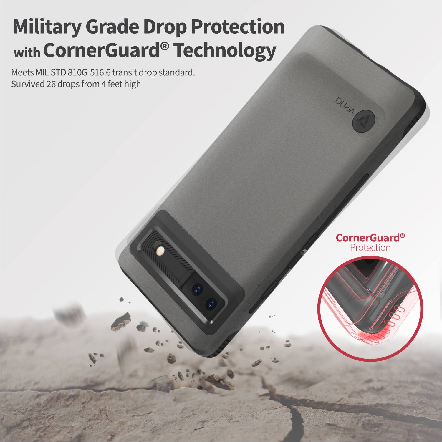 Military Grade Drop Protection with CornerGuard Technology. Meets MIL STD 810G-516.6 transit drop standard. Survived 26 drops from 4 feet high. CornerGuard Protection.