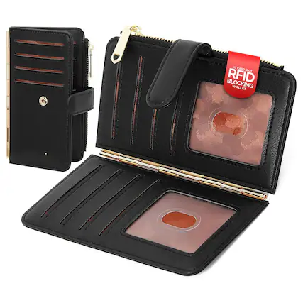 Front. Jadie Link - Credit Card Holder Women Rfid Blocking Slim Wallet Bifold Multi Case Zipper Pocket Window RFID BlockingThis rfid card - Black.