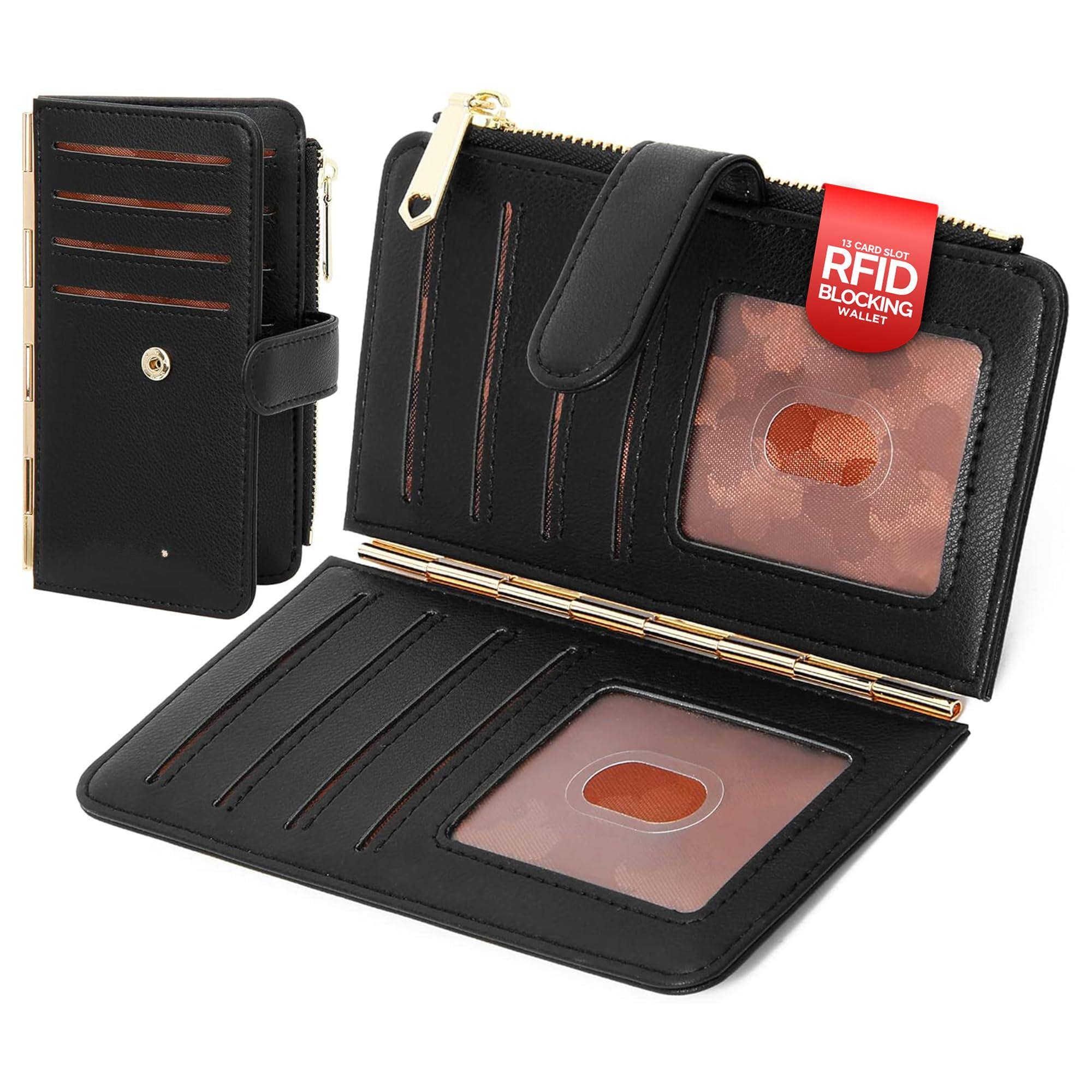 Front. Jadie Link - Credit Card Holder Women Rfid Blocking Slim Wallet Bifold Multi Case Zipper Pocket Window RFID BlockingThis rfid card - Black.