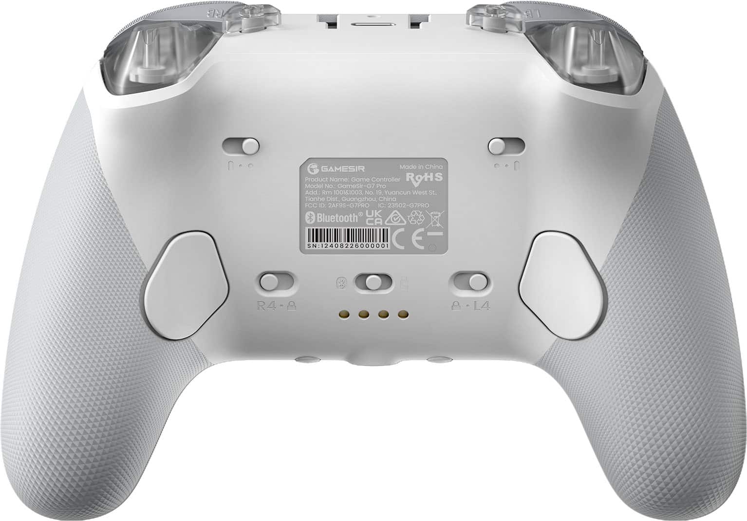 GAMESIR Made in China Product Name: Game Controller ROHS Model No GameSir-G7 Pro Add.: Rm 100151003 No. 19, Yuancun West St. Tianhe Dist. Guangzhou, China FCC ID: 2AF9S-G7PRO IC: 23502-07PRO Bluetooth UK CA N:12408226000001 CE E R4.8 A 8-14 A