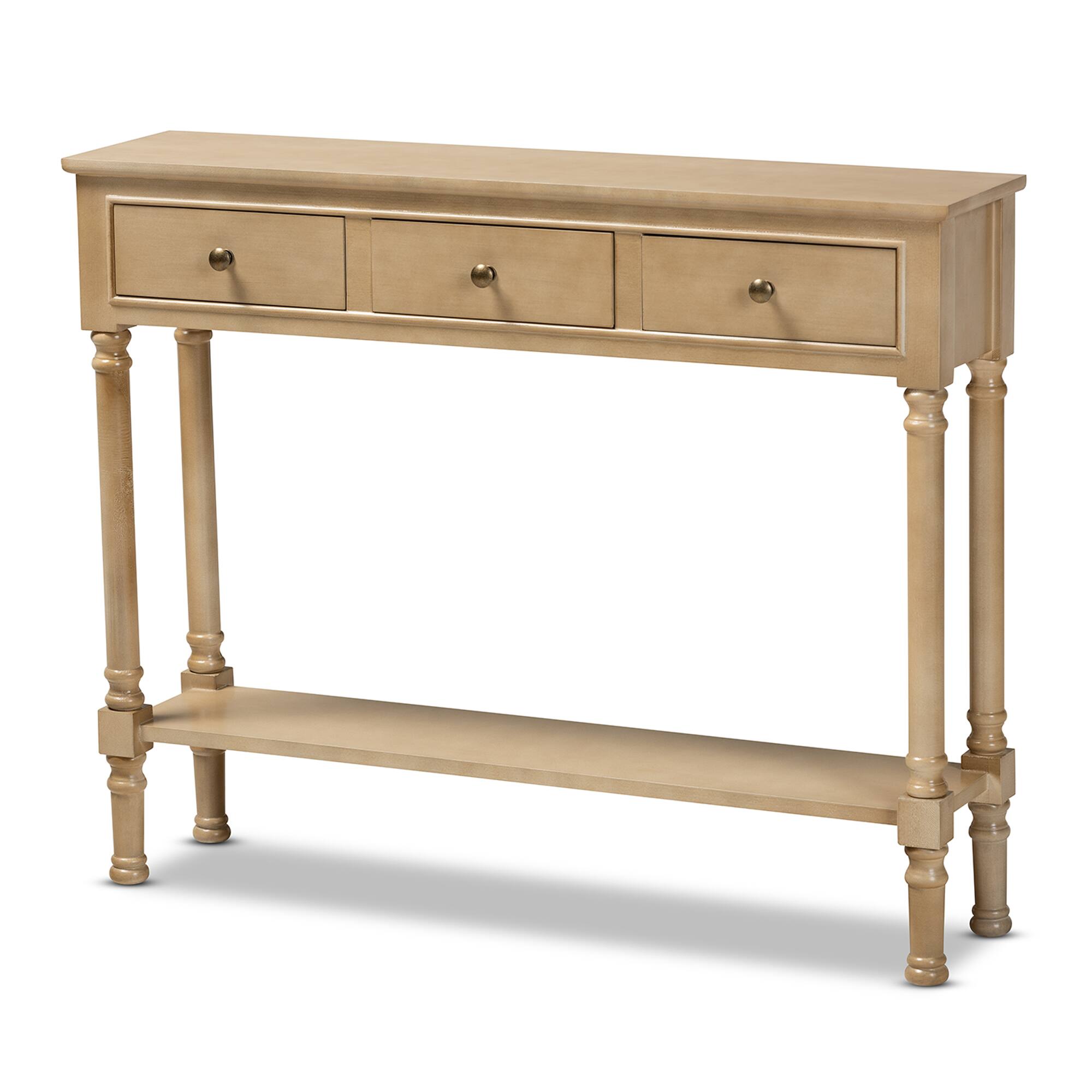 Front. Baxton Studio - Calvin Classic and Traditional French Farmhouse Finished Wood 3-Drawer Entryway Console Table - Oak Brown.