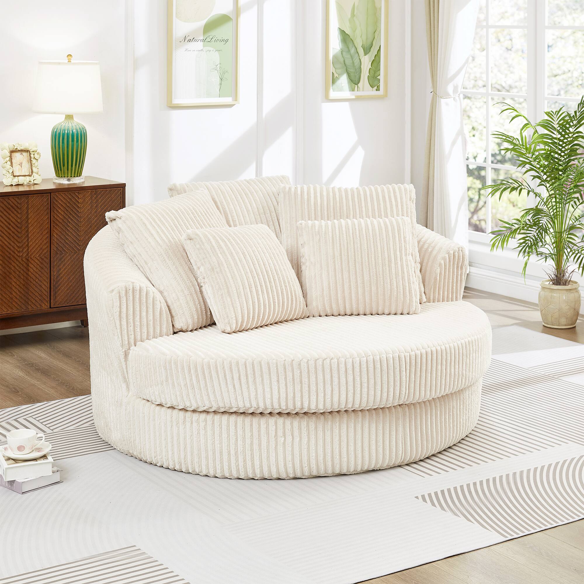 Trinkets Crazed - 61-Inch Oversized Round Chaise Longue Chair Indoor, Modern Upholstered Corduroy Deep Seat Chair - Beige