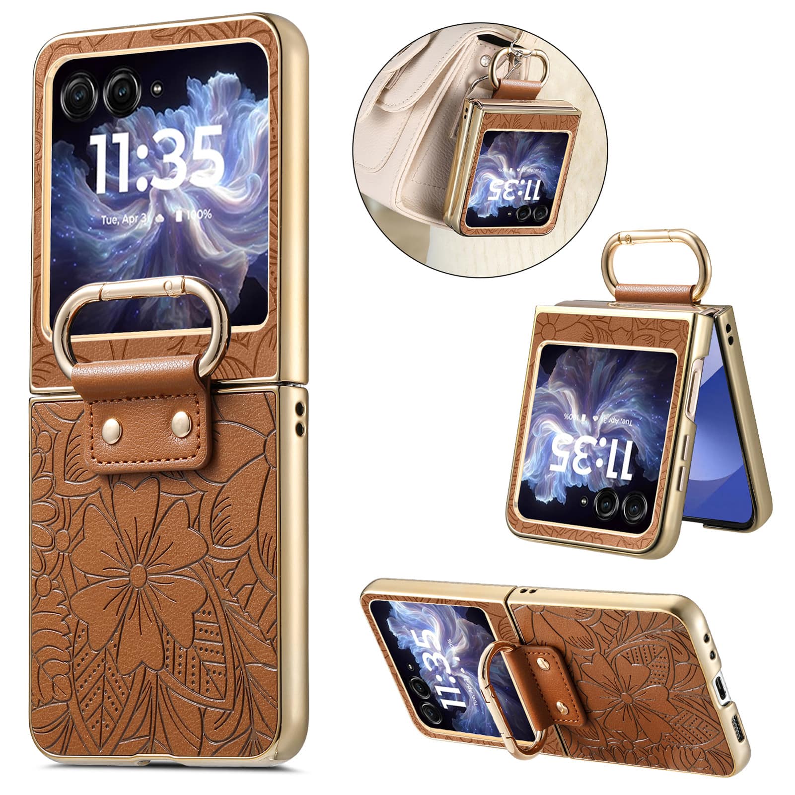 Dteck - Shockproof Floral Leather Texture Case for Motorola Razr (2025), Electroplated Rigid Plastic Cover with Ring Holder - Brown price history on PriceWatchPro