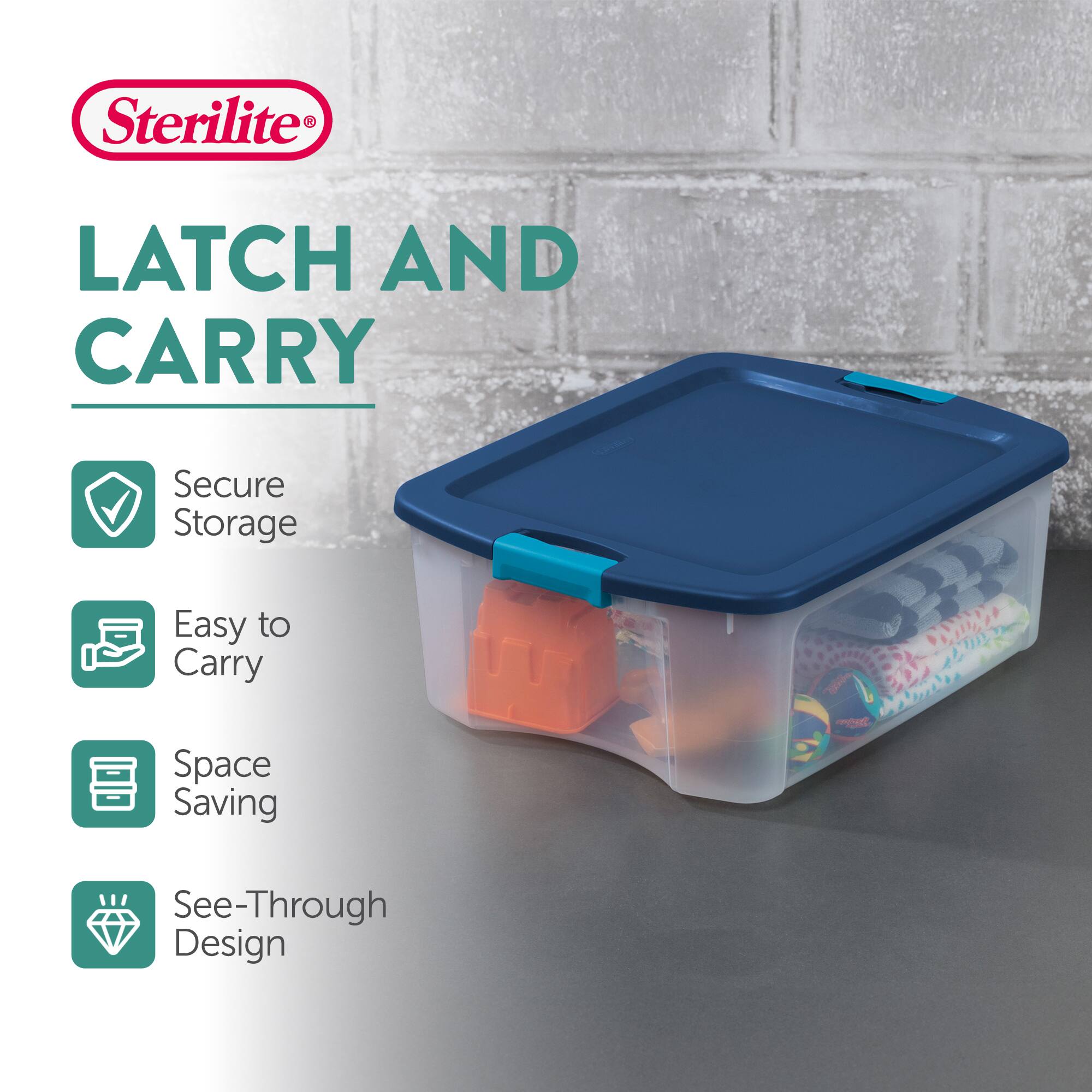 Sterilite LATCH AND CARRY Secure Storage Easy to Carry Space Saving See-Through Design