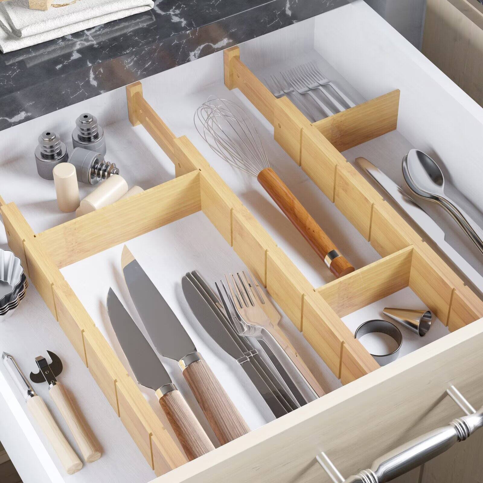 Back. Tooloton - 4 Pack Bamboo Drawer Dividers Set with Adjustable Organizers, 9 Inserts and Labels (17-22 Inch, Natural) - Natural.